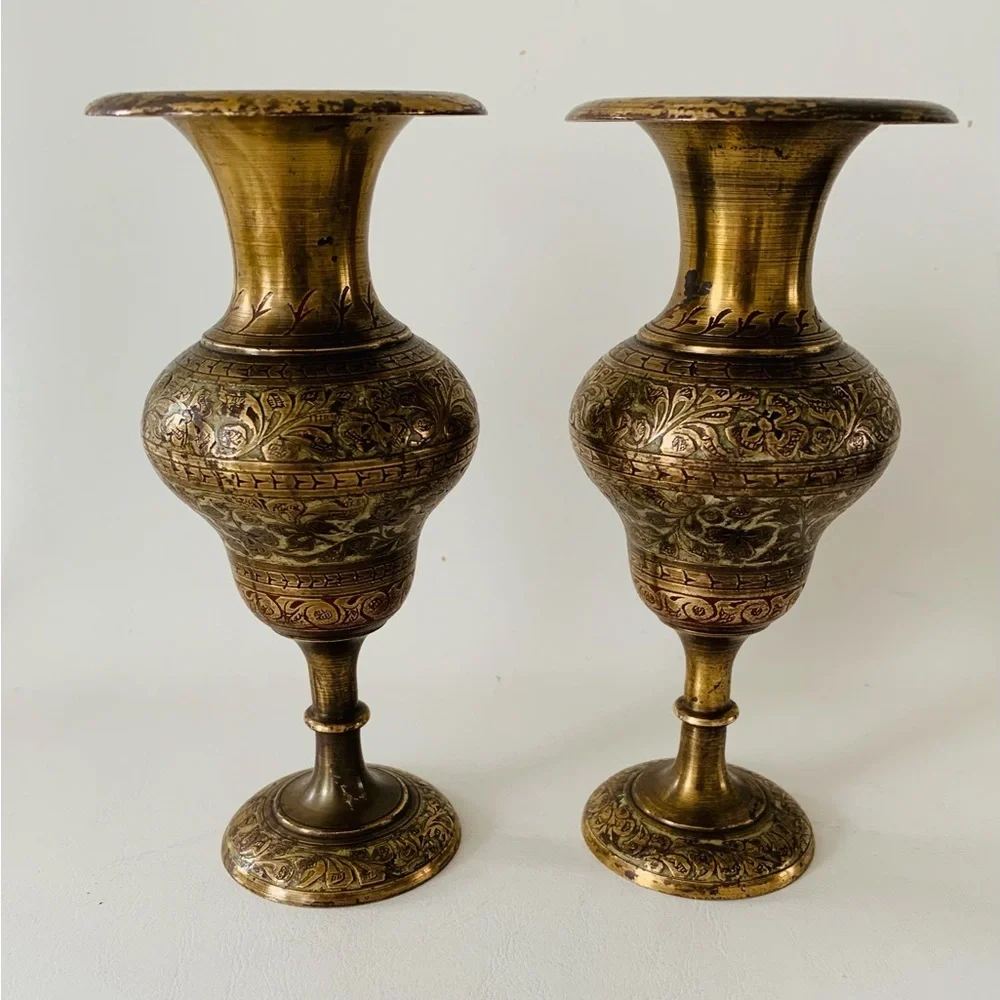 Vintage Indian Etched Florals Brass Fluted Vases Set Of 2 (7”)
